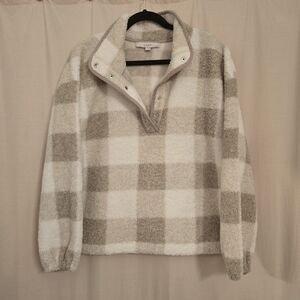 LOFT Plaid Sherpa 1/4 Snap Collar Top
